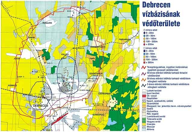 Kármentesítések Debrecen város közigazgatási területének nagy része érzékenynek minősül a felszín alatti vízminőség-védelm szempontjából, azonban a vízbázis védőterületek (lila színnel jelzett)