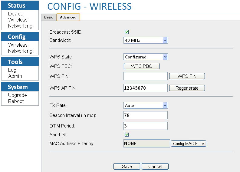 3 KONFIGURÁCIÓS ESZKÖZÖK Advanced (Haladó beállítások) Az Advanced almenüben a vezeték nélküli hálózati kapcsolat részletesebb konfigurációs beállításait adhatjuk meg: Broadcast SSID: Engedélyezi,