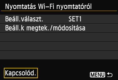 Újracsatlakozás A fényképezőgép olyan nyomtatókhoz tud újracsatlakozni, amelyekhez már regisztrálva vannak a kapcsolat beállításai. 1 2 Válassza ki a [Wi-Fi funkció] beállítást.