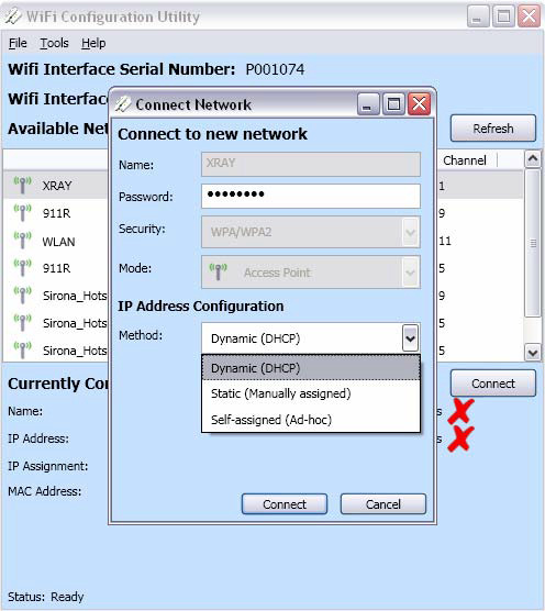 7. Kattintson a Csatlakozás gombra. A Csatlakozás hálózathoz ablak megnyílik. 8. Ha a hálózat jelszóval védett, írja be a jelszót. Válassza ki a megfelelő kiosztási módot az IP címhez.