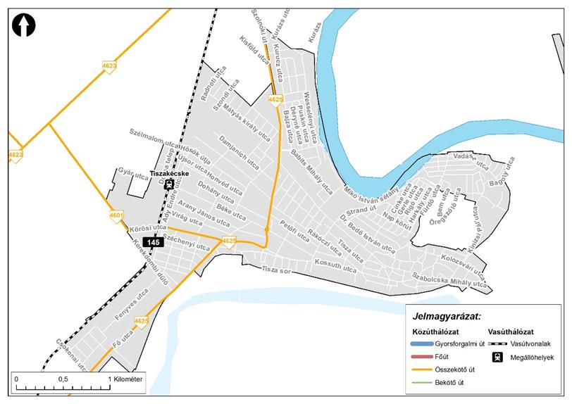 HELYZETFELTÁRÓ - HELYZETELEMZŐ - HELYZETÉRTÉKELŐ MUNKARÉSZEK 137 25. térkép: Tiszakécske városi közúthálózata Városi közúthálózat Forrás: Az országos közutak 2013.