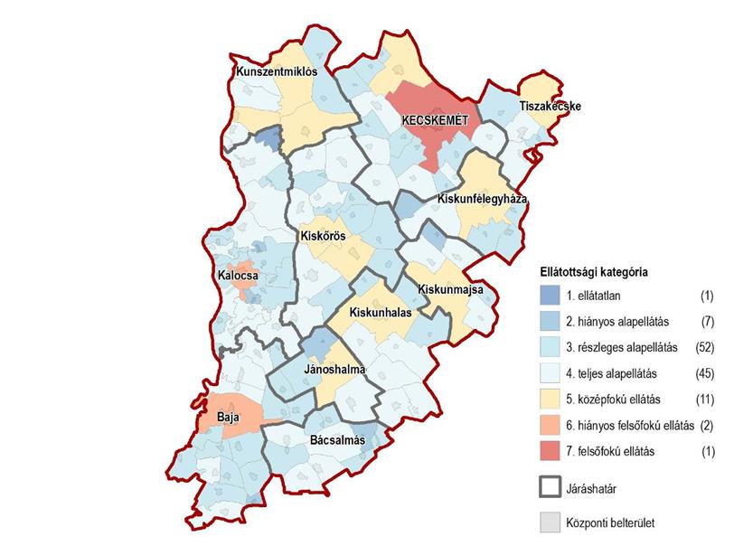 HELYZETFELTÁRÓ - HELYZETELEMZŐ - HELYZETÉRTÉKELŐ MUNKARÉSZEK 20 4. térkép: Az ellátottság alapján rangsorolt települések területi megoszlása Forrás: TRENECON COWI Kft. 2015.