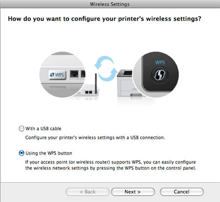Vezeték nélküli hálózat beállítása 10 Válassza Using the WPS button lehetőséget, majd kattintson a Next gombra. 12 A vezeték nélküli hálózat beállításához kövesse a képernyőn megjelenő utasításokat.