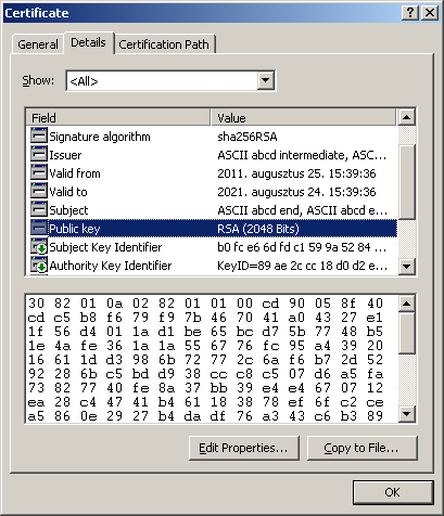 OpenSSL alapismeretek ITU-T X.509 tanúsítvány - Hozzárendeli a felhasználó személyes adataihoz (DN, megkülönböztetett név, CN, C, O, OU, E stb. névelemek) a nyilvános kulcsát.