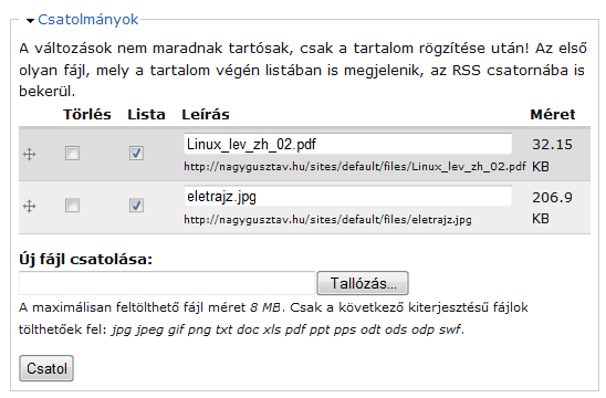 2. Drupal kézikönyv kezdőknek 23. oldal 20. ábra: Csatolmányok feltöltése és kezelése Megjegyzés: egyenlőre nem foglalkozunk azzal a kérdéssel, hogy az adott oldal hol (pl.