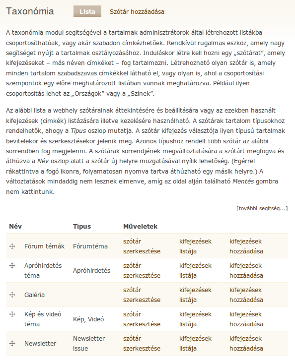 9. Az alaprendszer moduljai 87. oldal A már létező szótárakat a Taxonómia (admin/content/taxonomy) oldalon nézhetjük meg (80. ábra).