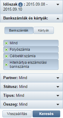 Összeg 8. képernyő Számlatörténet Lista nézet Szűrő A megfelelő szűrési feltételek kiválasztását követően a Keresés gombra kell kattintani, ekkor a találati lista frissül a táblázatban.