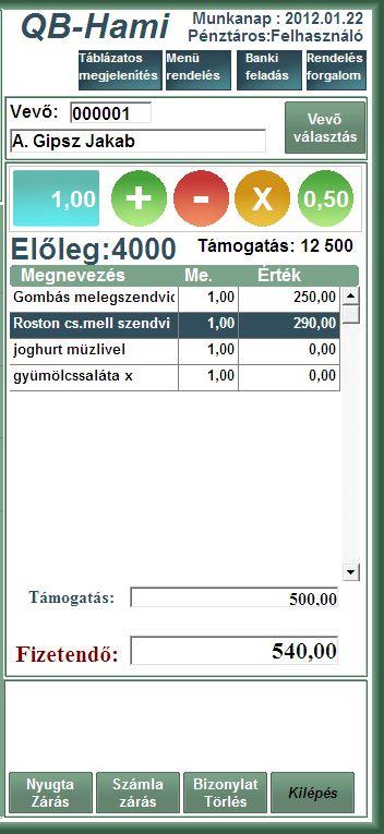 QB Hami: Eladási felület, vevőknek bizonylatok A vásárló mind vásárlás alatt a képernyőn, mind pedig a nyugtán információt kap a