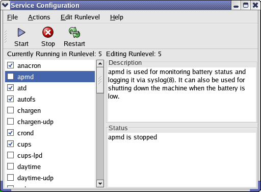 A system-config-services RPM csomag tartalmazza a Service Configuration programot. Helye: Start System Settings Server Settings Services Ábra 5.6 Futásszintek beállításai 5.2.8.