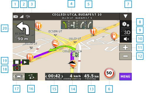 információk a térképen látható elemekröl). Sebességhatárok az aktuális útvonalon (ha van). Gyorsmenü.
