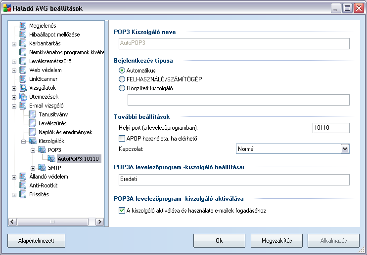 Ebben az ablakban (elérése: Kiszolgálók / POP3) megadhat egy új E-mail vizsgáló kiszolgálót a POP3 protokoll használatával a bejövo levelekhez: POP3 kiszolgáló neve - adja meg a kiszolgáló nevét,