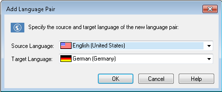 Az alapértelmezett nyelvpár-beállítások meghatározása Az angol (egyesült államokbeli) német (németországi) nyelvkombinációjú fordítási projekt esetében az alapértelmezett fordítási memóriák,