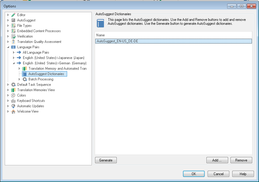 7. Az AutoSuggest Dictionaries (AutoSuggest szótárak) oldalon választhatja ki az AutoSuggest szótárakat. Válassza ki az AutoSuggest_EN-US_DE-DE.bpm minta AutoSuggest szótárt.