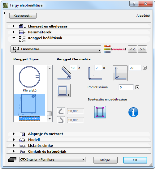 A kengyelek közti távolságot az alaprajzon vagy a 3D ablakban is módosíthatja a mozgatható fogópontok segítségével.