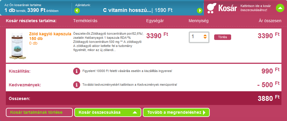 Vásárlás előtt itt még lehetősége van a kosarába tett termékeket áttekinteni, azokból, vagy annak teljes tartalmát törölni, illetve a megvásárolni kívánt mennyiséget módosítani.