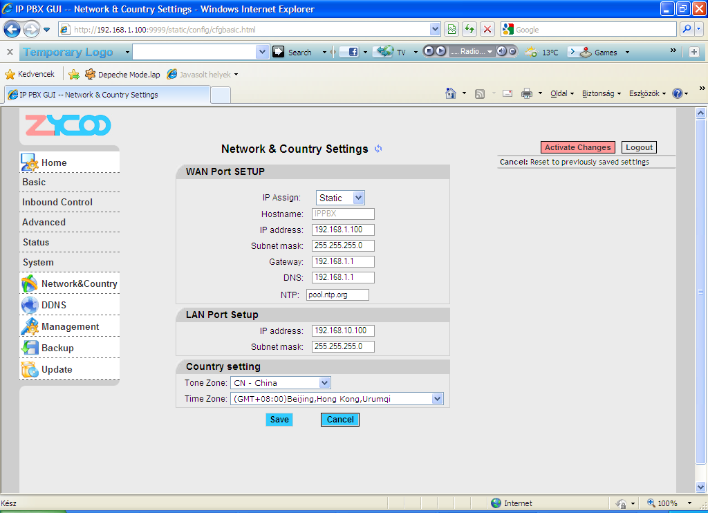 2.1 Az IP PBX WAN IP címének megváltoztatása Az IP címmódosítást a System/Network & Country Settings menüben tehetjük meg. 1.3 ábra - Network & Country Settings alapbeállítások 2.1.1 WAN Port beállítása IP cím lehet statikus, DHCP, illetve PPPOE.