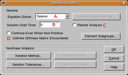 1.3. A MODELL VEZÉRLŐ ADATAI/ANALYSIS CONTROL 13 A Nagy alakváltozás (large strains) csak héj, 2-D és 3-D Solid elemtípus esetén működhet, bizonyos anyagmodellek esetében.