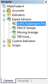 A program használatba vétele A sikeres telepítés után indítsa el a MetaTrader 4 programot. Nyissa meg a Navigátor ablakot (CTRL + N) és az Expert Advisors alatt látnia kell a feltelepített IceFX.