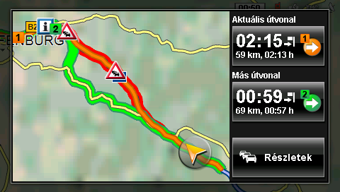 Érintse meg azon útvonal képernyőgombját, melyen tovább kíván haladni. - vagy - Érintse meg a Részletek képernyőgombot. Megnyílik a FORGALMI JELENTÉS ablak.