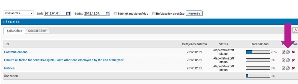 lépjen be a Célok képernyőre. Kattintson a Másolás ikonra.