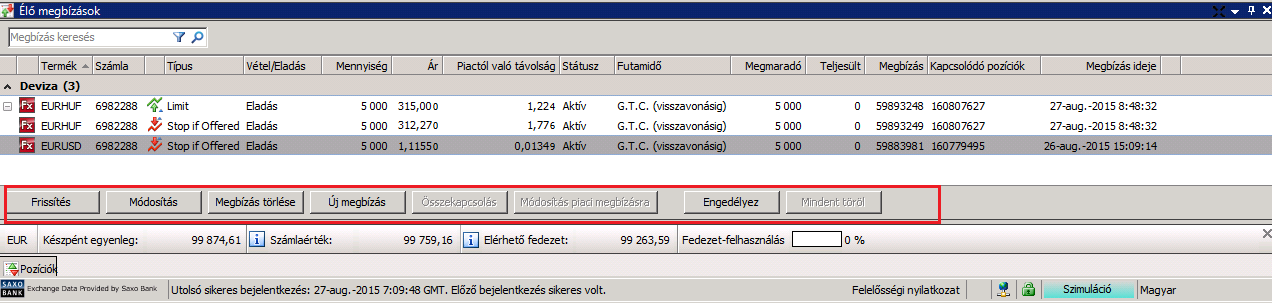 Kapcsolódó profit és stop megbízás IV. A limit és stop loss megbízás az adott pozíciónál megjelenik.