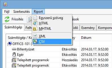 Fájl menü A Kivételek fül alatt lehetőség van arra, hogy számítógépeket vagy felhasználókat mellőzzünk a listázásból, így ezek nem fognak megjelenni a Változáskezelőben.