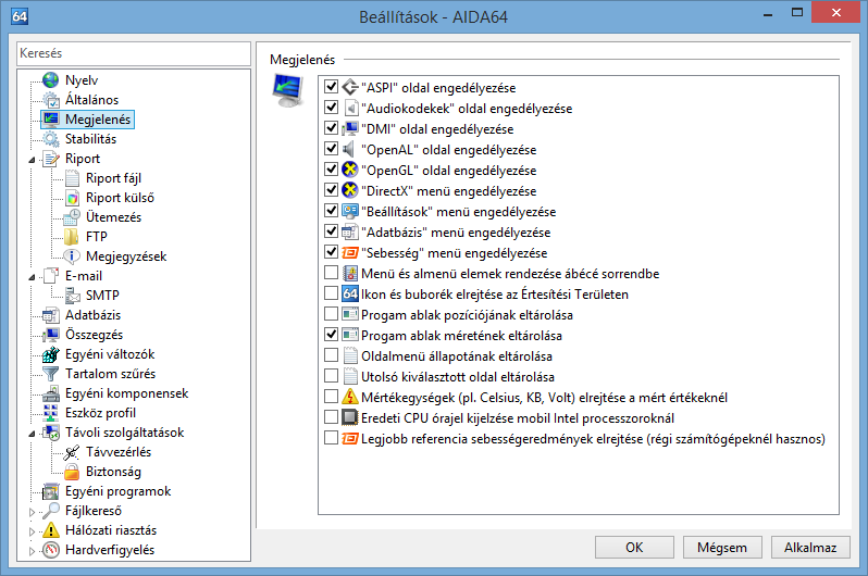 Beállítások MEGJELENÉS Az itt elérhető opciókkal az AIDA64 felhasználói felülete és megjelenése konfigurálható. ASPI oldal engedélyezése A Háttértár / ASPI oldal megjelenését engedélyezhetjük itt.