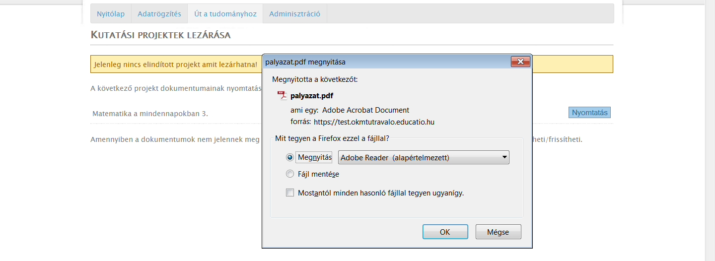 Nyomtatás, PDF generálás: Figyelem! A pályázat lezárása után a pályázat nem nyitható vissza, a pályázati adatok nem módosíthatóak.