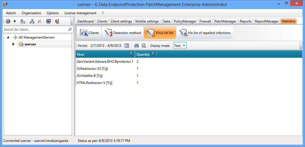 Statisztika (Statistics) A Statisztika (Statistics) modulban statisztikai információ található a vírus-előfordulásokról, a kliensek fertőzöttségéről, a menedzselt hálózatok biztonsági állapotáról.