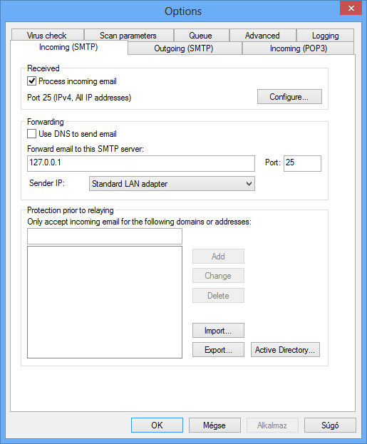 Bejövő (SMTP) (Incoming [SMTP]) A Bejövő (SMTP) (Incoming [SMTP]) fül alatt beállítható a vírusvédelem a bejövő SMTP levelekkel kapcsolatban.