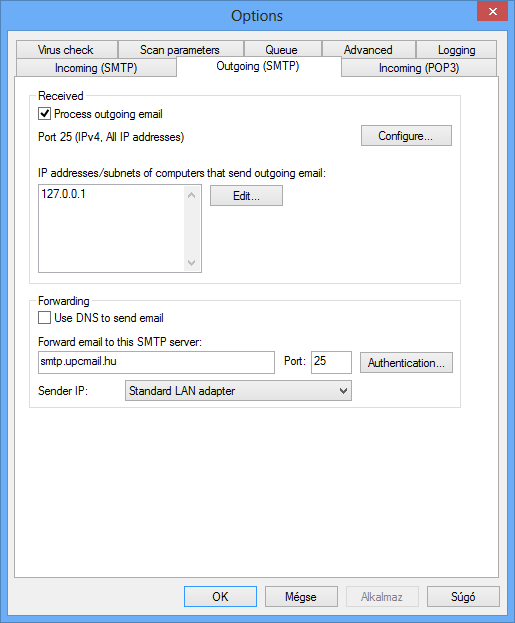 Kimenő (SMTP) Outgoing [SMTP]) A Kimenő (SMTP) (Outgoing [SMTP]) fül alatt beállítható a vírusvédelem a kimenő SMTP levelekkel kapcsolatban.