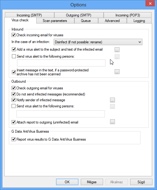 Vírusellenőrzés (Virus check) A Vírusellenőrzés (Virus check) fülön a bejövő és a kimenő levelekkel kapcsolatosan állítható be a vírusellenőrzés.