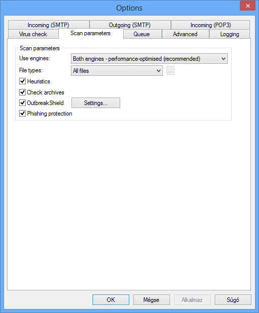 Keresési paraméterek (Scan parameters) Ezen a fülön az egyedi szükségletek szerint optimalizálhatja a vírusellenőrzés teljesítményét.