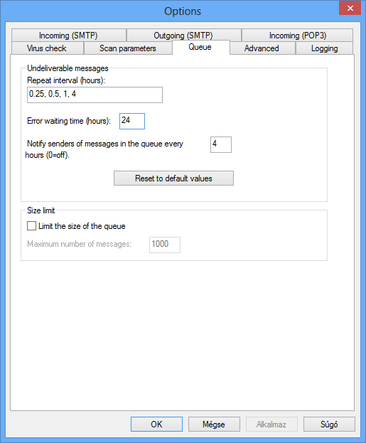 Várakozási sor (Queue) A Várakozási sor (Queue) fülön megadhatja, hogy milyen gyakorisággal és időintervallumban legyenek újraküldve azok a levelek, amelyeket nem lehetett továbbítani a