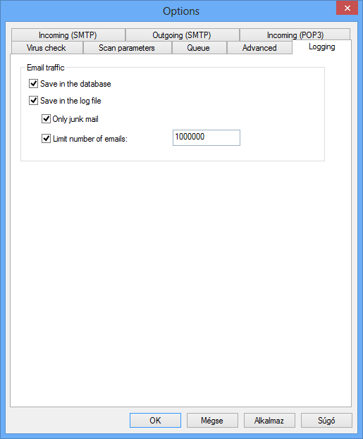 Naplózás (Logging) A Naplózás (Logging) fülön a szerver levélforgalmának statisztikájával kapcsolatban végezhet beállításokat (Mentés az adatbázisba) (Save in the database).