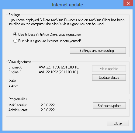 Frissítés (Update) A frissítés ablakban a G Data MailSecurity frissítésekkel kapcsolatos beállításai találhatóak. A vírusszignatúrák és a programfájlok manuálisan és automatikusan is frissíthetőek.