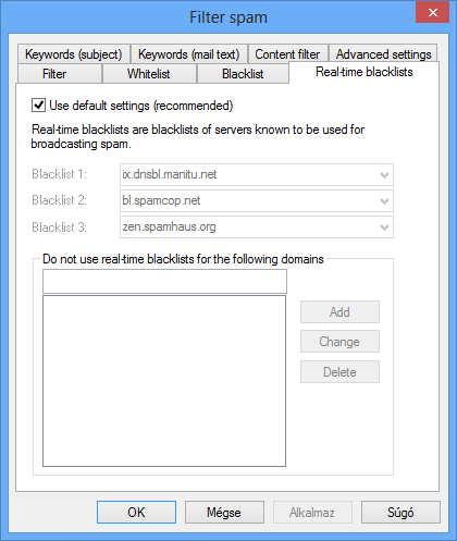 Valós idejű feketelisták (Real-time blacklists) Az interneten megtalálhatóak különféle feketelisták, amelyek tartalmazzák azoknak a szervereknek az IP címeit, amelyek közismert levélszemétküldők.