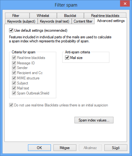 Haladó beállítások (Advanced settings) A Haladó beállítások (Advanced settings) alatt részletes beállítások találhatóak a G Data MailSecurity levélszemét-felismeréssel kapcsolatban, illetve