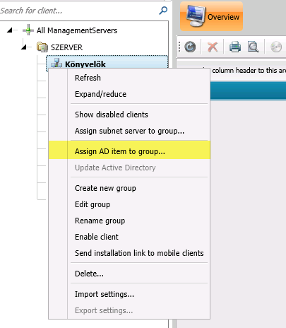 Automatikus telepítés AD-be tartozó gépekre Amennyiben szeretnénk, hogy egy Active Directory csoportba tartozó számítógépekre automatikusan települjön a kliensvédelem, a G Data Management
