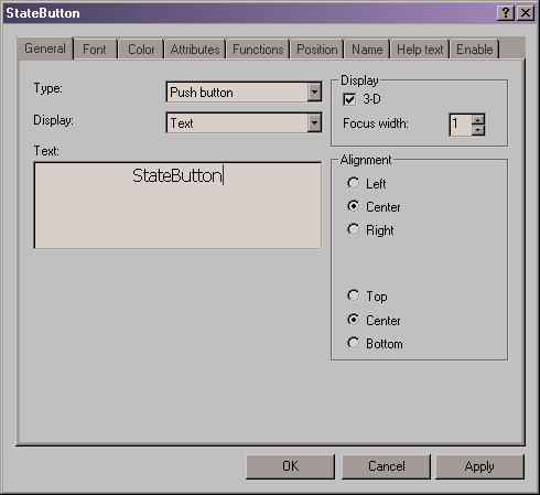 State button OP270 A nyomógomb egy másik fajtája, eltérő lehetőségekkel. Type: mezőben a gomb típusát háromféle lehetőség közül lehet kiválasztani.