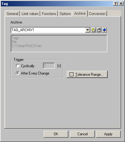 TAG arhívumok Ha egy PLC változó (vagy OP belső változó) tartalmát akarjuk file-ba írni, akkor egy TAG arhívot kell létrehozni az archives listában: Az általános beállítások között (Genereal fül) a