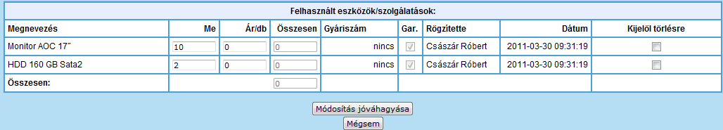 Eszköz módosítása: a már felrögzített eszközök / szolgáltatások