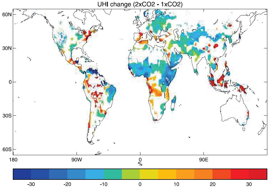 Éjszakai ΔT változása (323 ppm 645 ppm) (szig. szint 95%) (modell HadAM3 + MOSES 2.