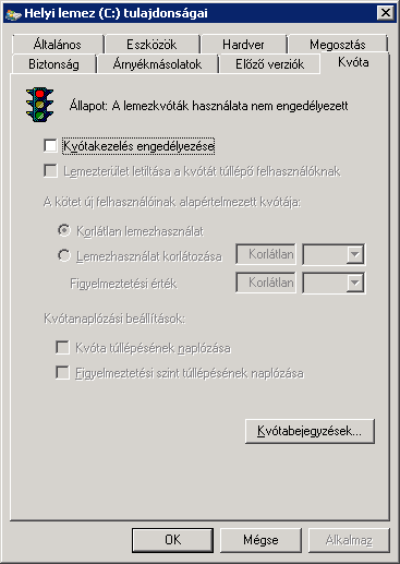 Figyelem! Amennyiben a telepítésre szolgáló merevlemezen a kvótakezelés be van kapcsolva, akkor ezt a rendszeren ki kell kapcsolni.