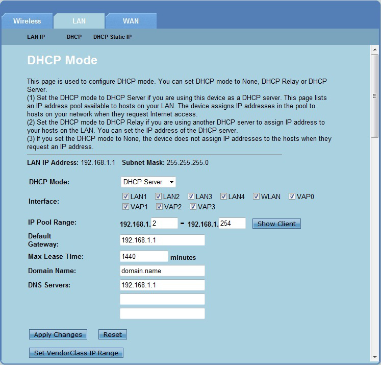 A DHCP-beállítások konfigurálása A DHCP Mode (DHCP-mód) oldalon keresztül a DHCP-beállításokat konfigurálhatja A DHCP-beállítások konfigurálásához tegye a következőket: 1 4 5 6 Kattintson a Network