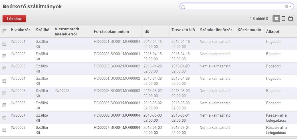 Részleges teljesítés I Elérés: Raktárépület > Beérkező szállítmányok Egy rendeléshez kapcsolódó beszerzések, melyek készletre vételre várnak