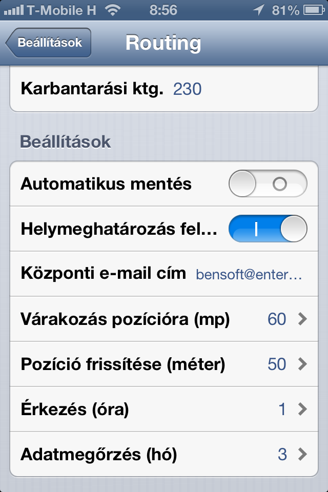 5 Routing for iphone Egyéb működési beállítások - Automatikus mentés A módosítások a felület elhagyásakor automatikusa mentésre kerüljenek, vagy nem; pl.