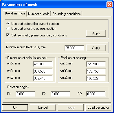 A Parameters of mesh ablak ismételt megnyitásával adatokat kapunk az elemek számáról, az öntvényt leíró elemek számáról és a futtatáshoz szükséges RAM memória mennyiségéről.