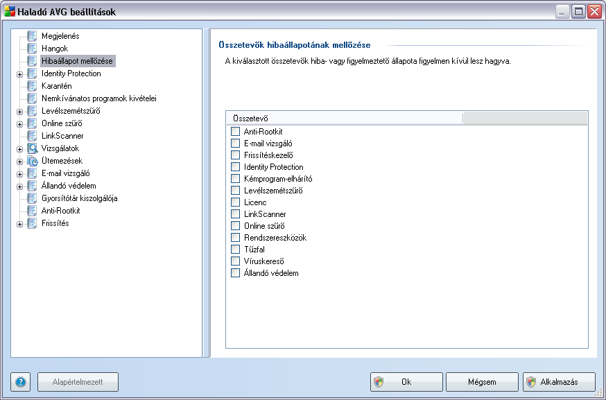 10.3. Hibaállapot mellozése Az Összetevok hibaállapotának mellozése panelen bejelölheti azokat az összetevoket, amelyekrol nem akar értesítéseket kapni: Alapállapotban egy összetevo sincs kiválasztva