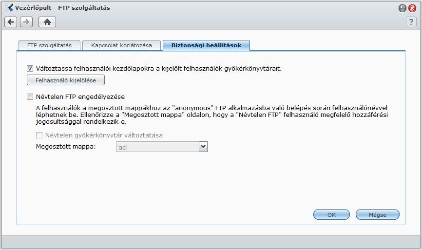 FTP biztonsági beállítások kezelése Kattintson a Biztonsági beállítások fülre az FTP biztonság javításához.